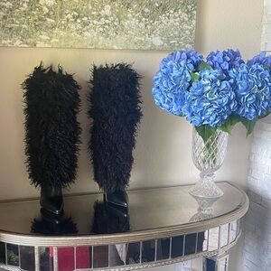 Black Shaggy Faux Fur Knee-High Boots